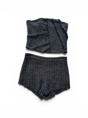Zara Studio Black Textured Tweed Jacket with Subtle Metallic Thread Set